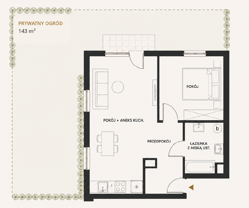 Rzut mieszkania 47,06 m² z prywatnym ogrodem 143 m² — Rumia, Osiedle Ostoja